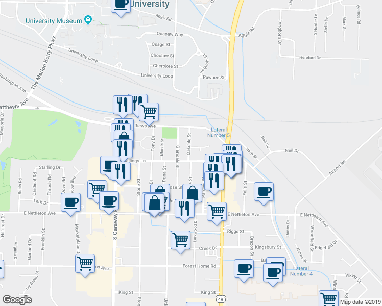 map of restaurants, bars, coffee shops, grocery stores, and more near 1006 Oakdale Street in Jonesboro