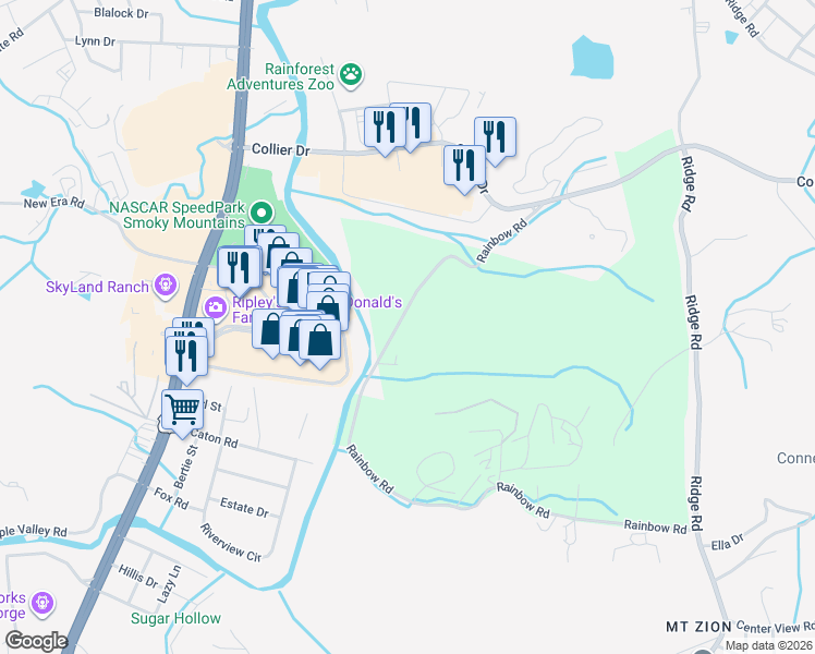 map of restaurants, bars, coffee shops, grocery stores, and more near 472 Rainbow Road in Sevierville