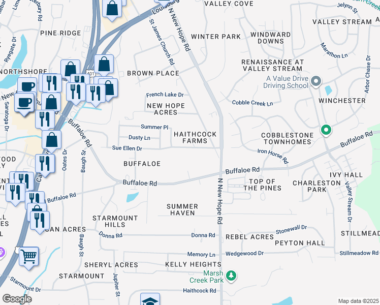 map of restaurants, bars, coffee shops, grocery stores, and more near 3916 Sue Ellen Drive in Raleigh