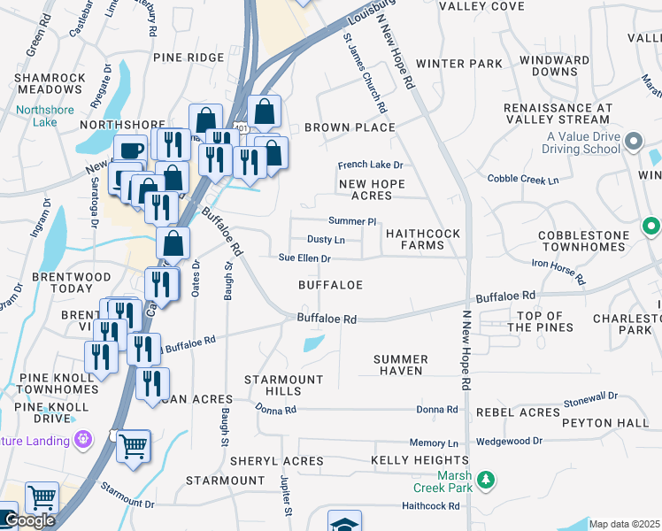 map of restaurants, bars, coffee shops, grocery stores, and more near 3804 Sue Ellen Drive in Raleigh