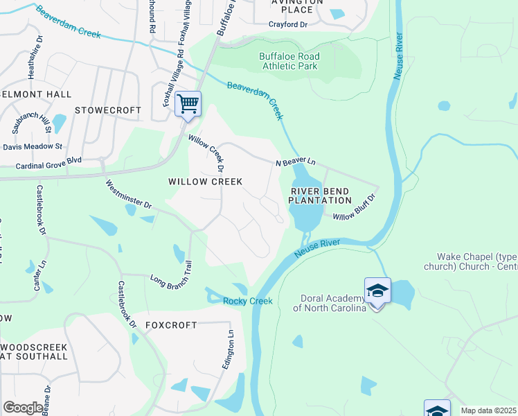 map of restaurants, bars, coffee shops, grocery stores, and more near 5912 River Lake Circle in Raleigh