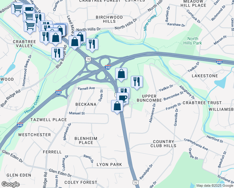 map of restaurants, bars, coffee shops, grocery stores, and more near 3939 Glenwood Avenue in Raleigh
