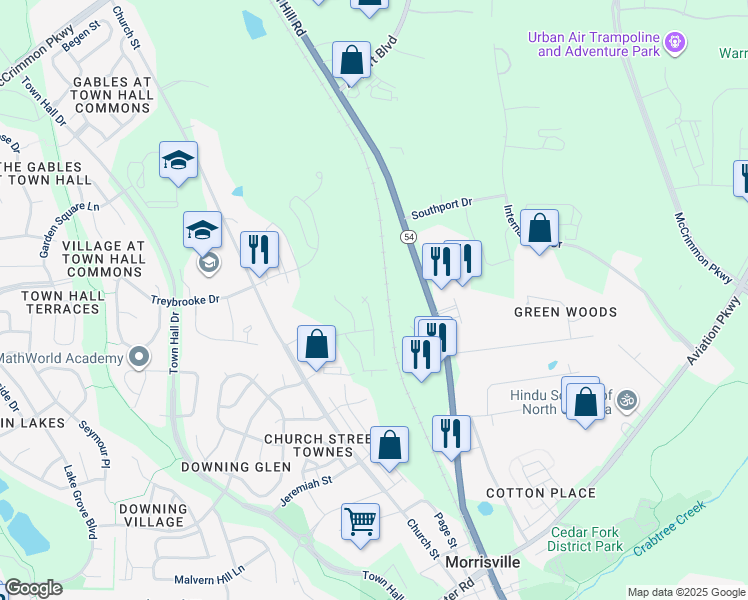 map of restaurants, bars, coffee shops, grocery stores, and more near 10305 Chapel Hill Road in Morrisville