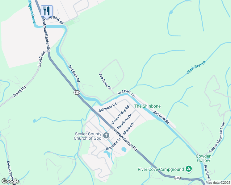 map of restaurants, bars, coffee shops, grocery stores, and more near 2249 Shinbone Road in Sevierville
