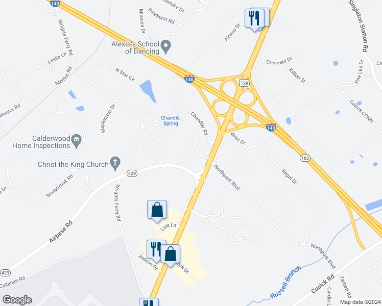 map of restaurants, bars, coffee shops, grocery stores, and more near 1708 Airbase Road in Louisville