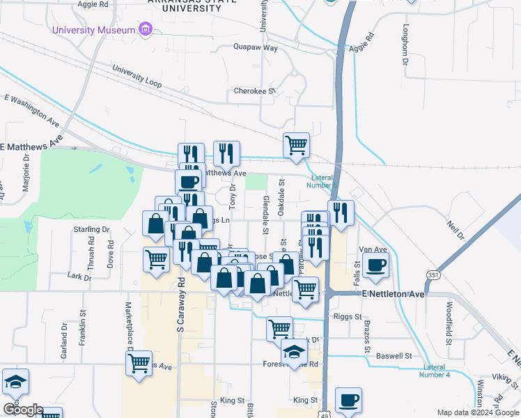 map of restaurants, bars, coffee shops, grocery stores, and more near 2604 Stallings Lane in Jonesboro