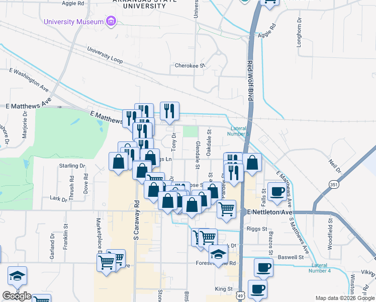 map of restaurants, bars, coffee shops, grocery stores, and more near 2604 Stallings Lane in Jonesboro