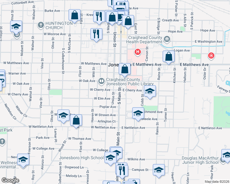 map of restaurants, bars, coffee shops, grocery stores, and more near 1120 Madison Street in Jonesboro