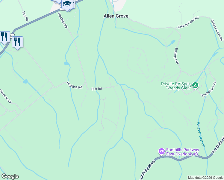 map of restaurants, bars, coffee shops, grocery stores, and more near 3360 Laurelwood Way in Cosby