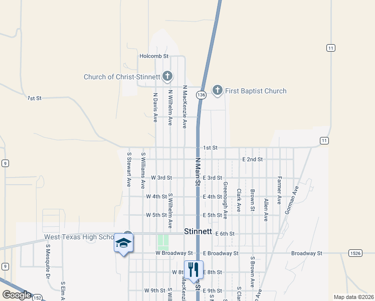 map of restaurants, bars, coffee shops, grocery stores, and more near 10 North Main Street in Stinnett