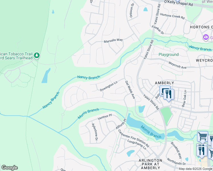 map of restaurants, bars, coffee shops, grocery stores, and more near 808 Harsworth Drive in Cary