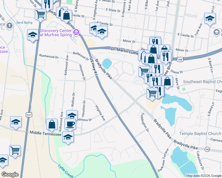 map of restaurants, bars, coffee shops, grocery stores, and more near 1027 Silver Point Drive in Murfreesboro