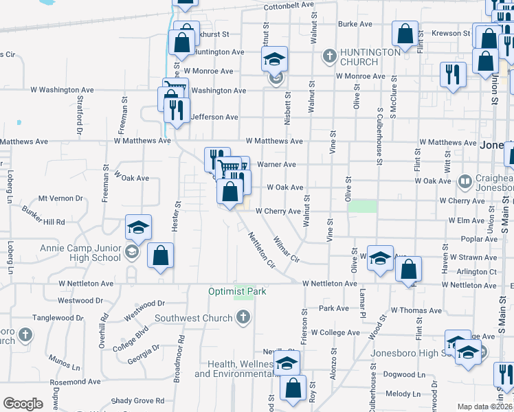 map of restaurants, bars, coffee shops, grocery stores, and more near 1100 Wilmar Circle in Jonesboro