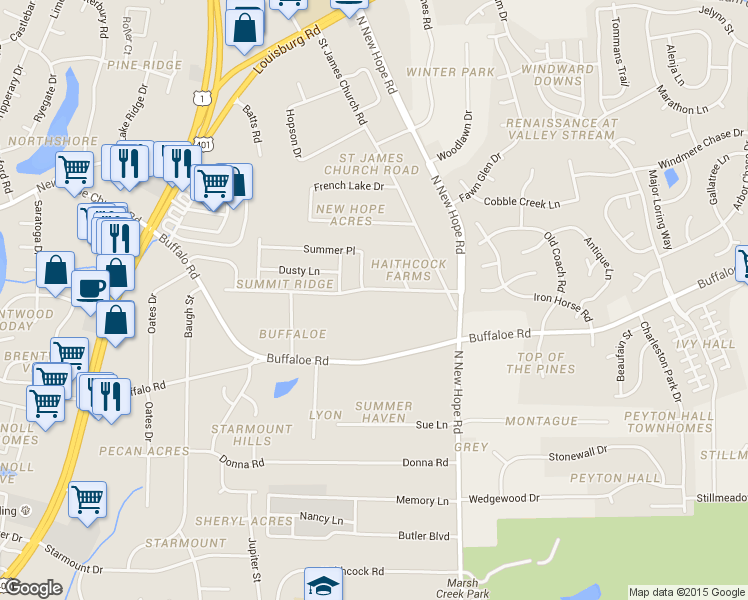 map of restaurants, bars, coffee shops, grocery stores, and more near 3902 Sue Ellen Drive in Raleigh