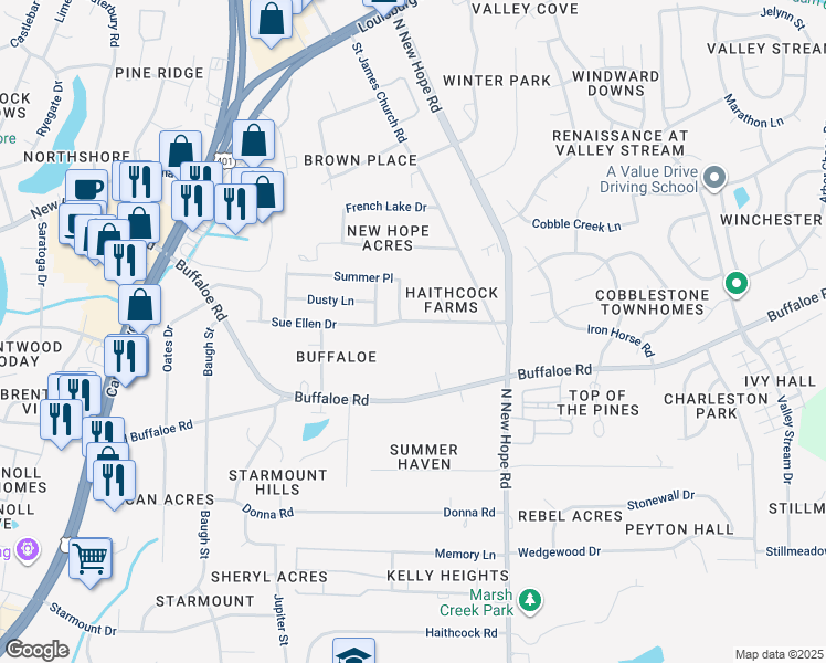 map of restaurants, bars, coffee shops, grocery stores, and more near 3902 Sue Ellen Drive in Raleigh