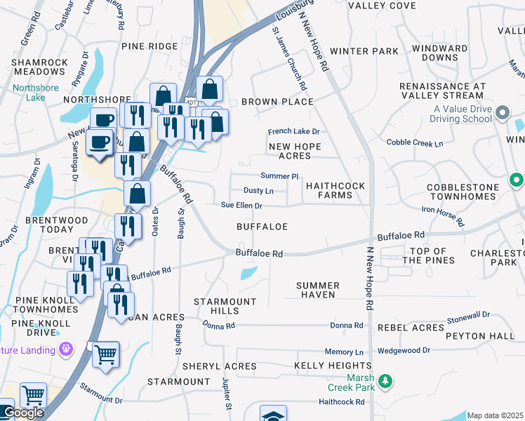 map of restaurants, bars, coffee shops, grocery stores, and more near 3804 Sue Ellen Drive in Raleigh