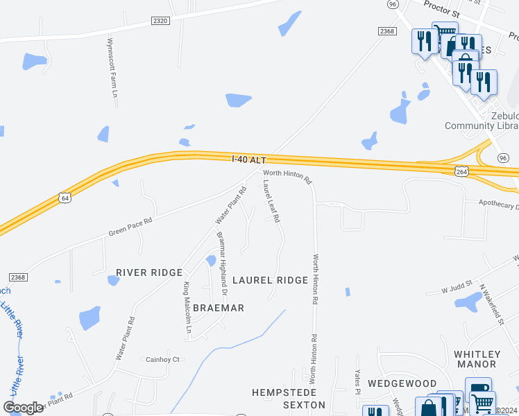 map of restaurants, bars, coffee shops, grocery stores, and more near 1215 Liriope Lane in Zebulon