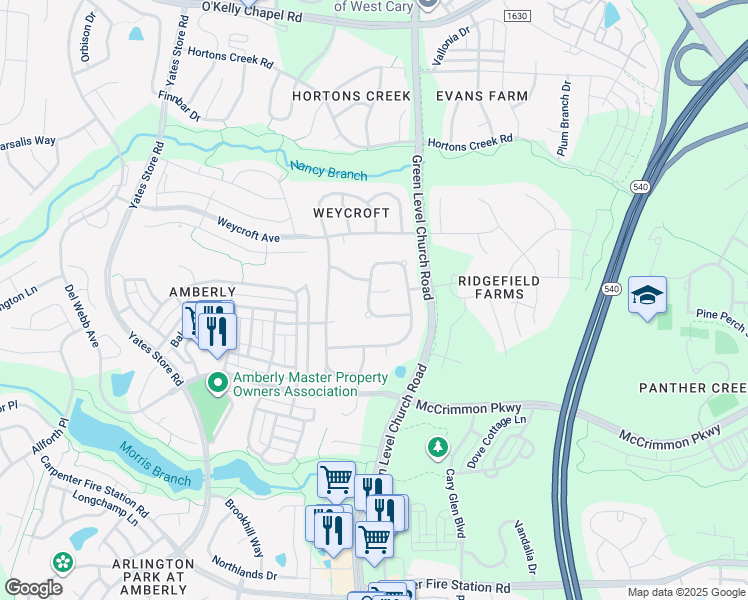 map of restaurants, bars, coffee shops, grocery stores, and more near 600 Cottsmore Court in Cary