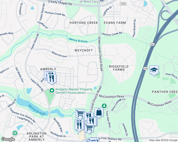 map of restaurants, bars, coffee shops, grocery stores, and more near 600 Cottsmore Court in Cary
