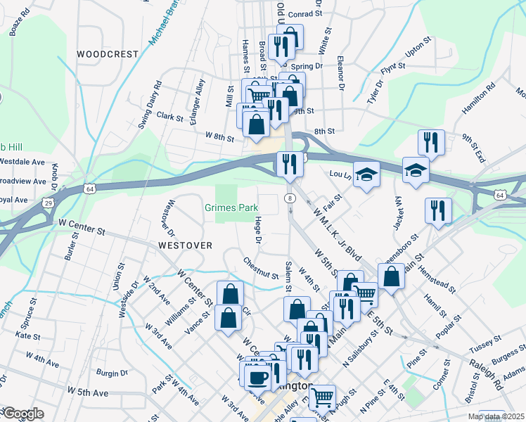 map of restaurants, bars, coffee shops, grocery stores, and more near 4 Grimes Circle in Lexington