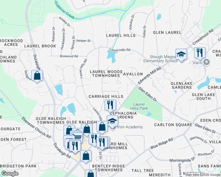 map of restaurants, bars, coffee shops, grocery stores, and more near 3609 Carriage Drive in Raleigh
