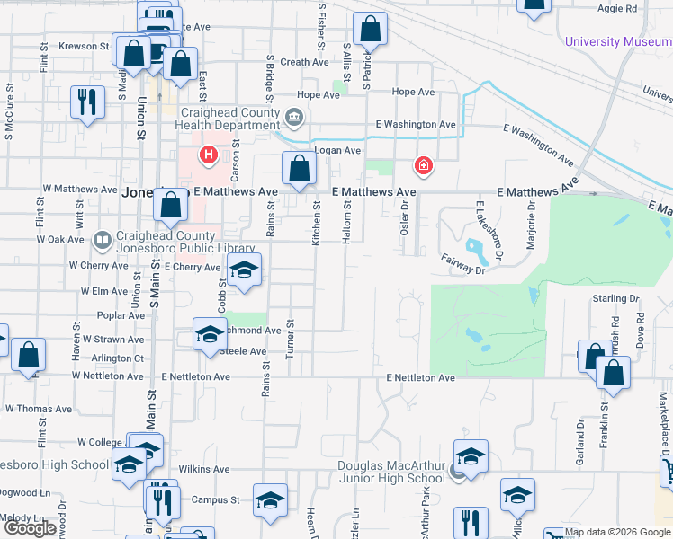 map of restaurants, bars, coffee shops, grocery stores, and more near 1009 Haltom Street in Jonesboro