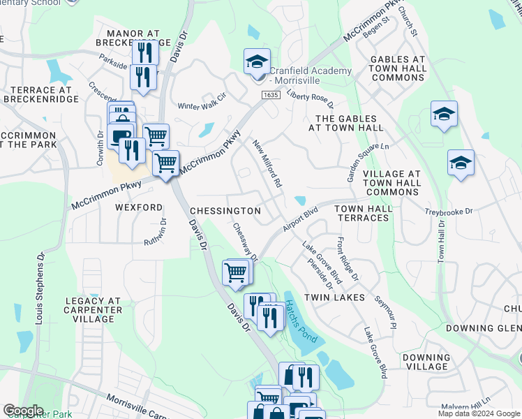 map of restaurants, bars, coffee shops, grocery stores, and more near 3018 Freeport Drive in Cary