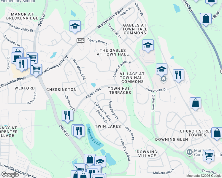 map of restaurants, bars, coffee shops, grocery stores, and more near 544 Front Ridge Drive in Cary