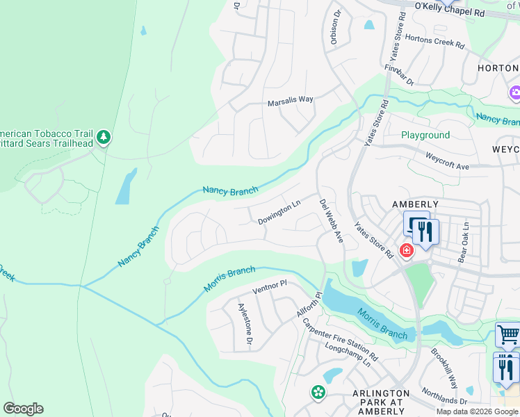 map of restaurants, bars, coffee shops, grocery stores, and more near 808 Harsworth Drive in Cary