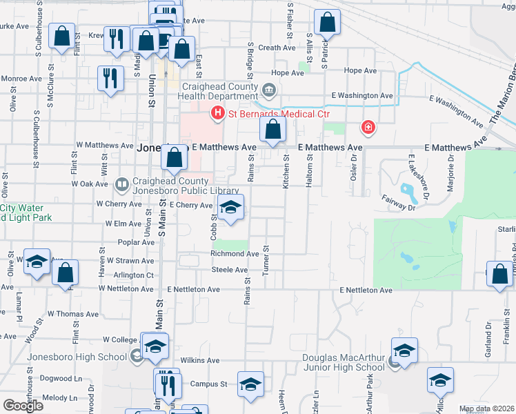 map of restaurants, bars, coffee shops, grocery stores, and more near 1101 Turner Street in Jonesboro