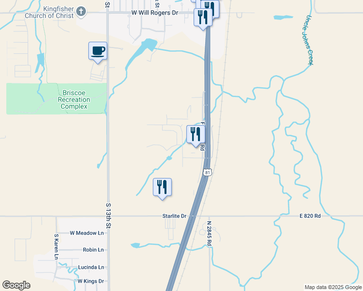 map of restaurants, bars, coffee shops, grocery stores, and more near 110 Mitchell Boulevard in Kingfisher