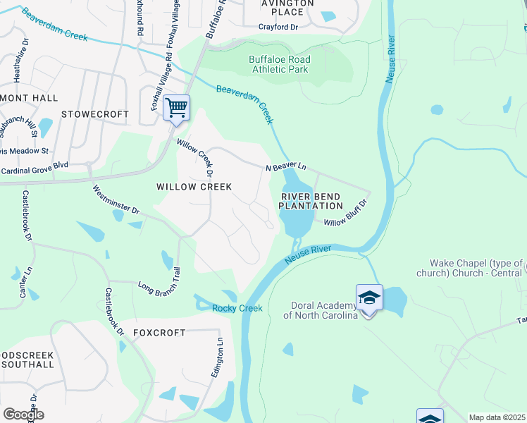 map of restaurants, bars, coffee shops, grocery stores, and more near 6109 River Lake Circle in Raleigh