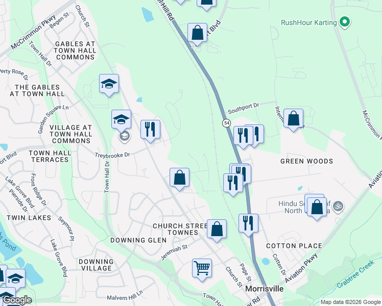 map of restaurants, bars, coffee shops, grocery stores, and more near 1024 Yatesbury Place in Morrisville