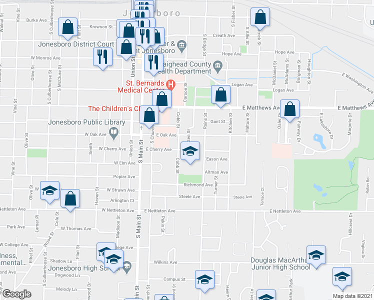 map of restaurants, bars, coffee shops, grocery stores, and more near 405 East Cherry Avenue in Jonesboro