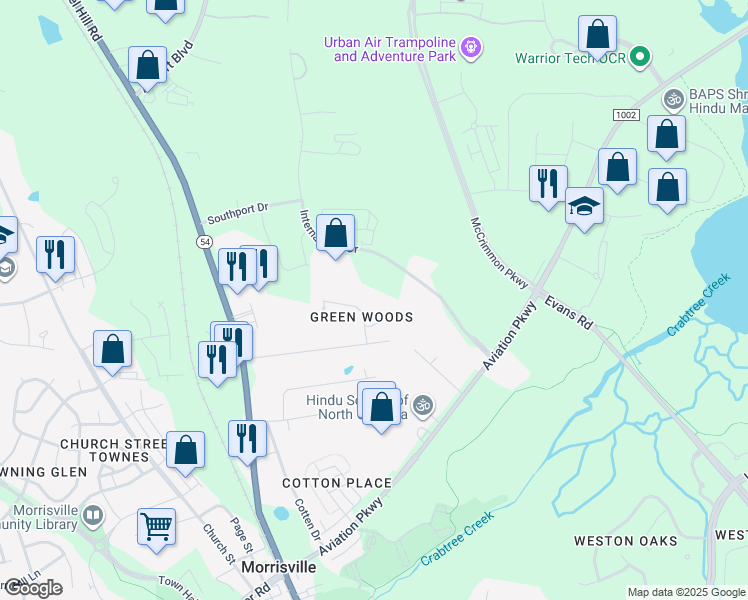 map of restaurants, bars, coffee shops, grocery stores, and more near 121 International Drive in Morrisville