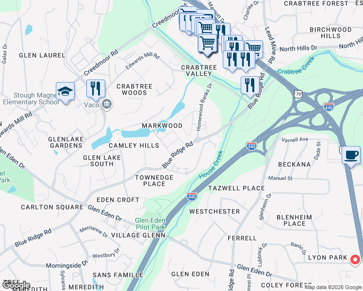map of restaurants, bars, coffee shops, grocery stores, and more near 3803 Holly Lane in Raleigh