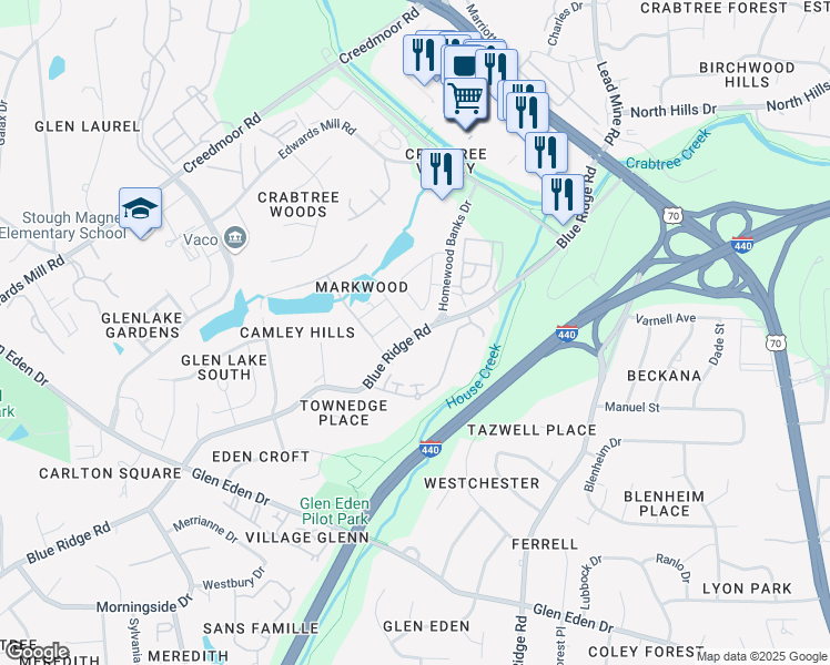 map of restaurants, bars, coffee shops, grocery stores, and more near 3915 Blue Ridge Road in Raleigh