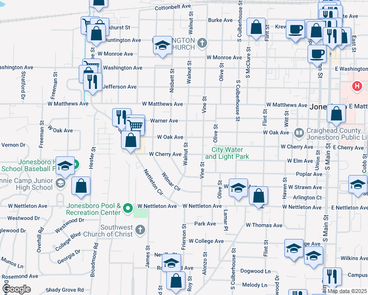 map of restaurants, bars, coffee shops, grocery stores, and more near 923 West Oak Avenue in Jonesboro