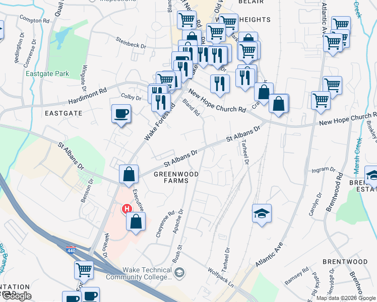 map of restaurants, bars, coffee shops, grocery stores, and more near 1501 Saint Albans Drive in Raleigh