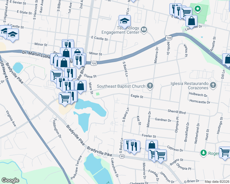 map of restaurants, bars, coffee shops, grocery stores, and more near 1418 Atlas Street in Murfreesboro