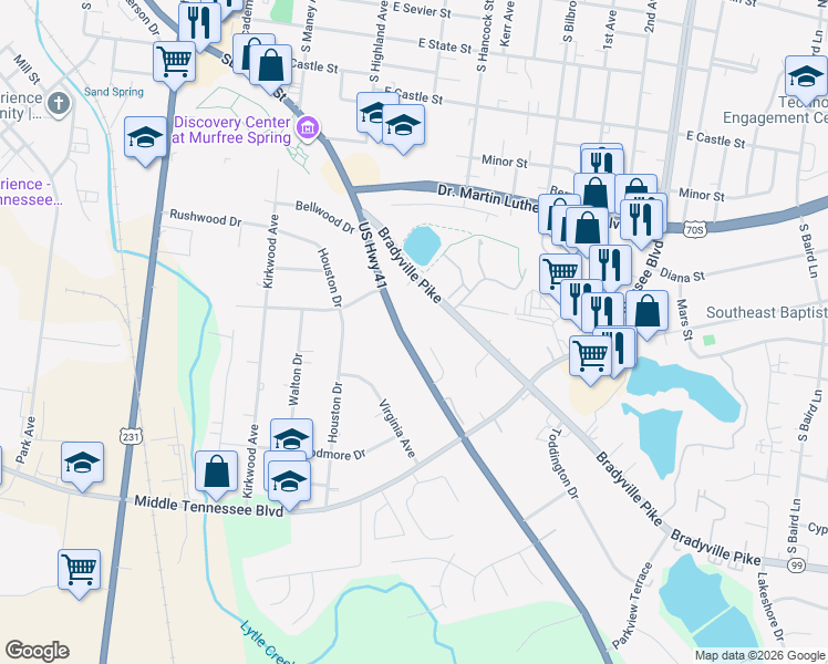 map of restaurants, bars, coffee shops, grocery stores, and more near 901 U.S. 41 in Murfreesboro