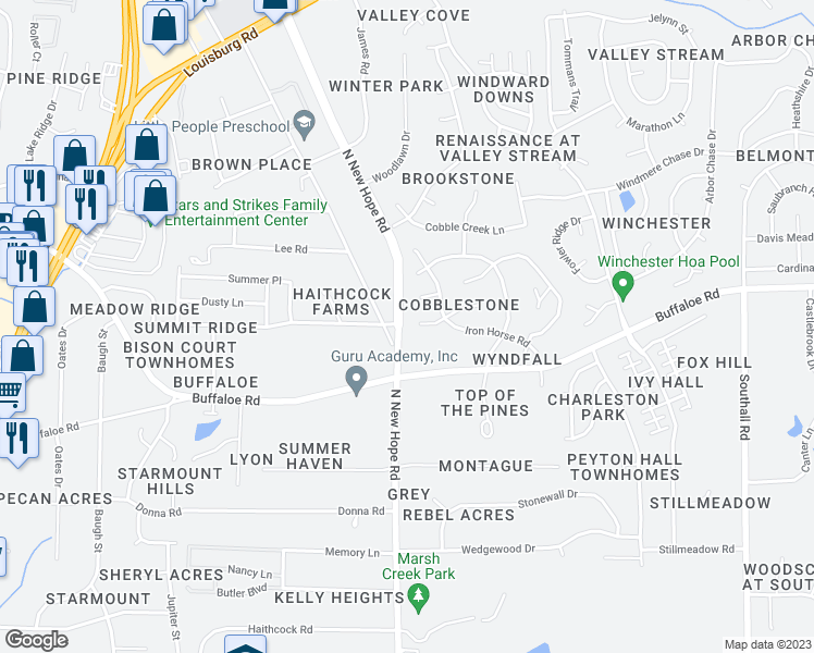 map of restaurants, bars, coffee shops, grocery stores, and more near 4100 Old Brick Court in Raleigh