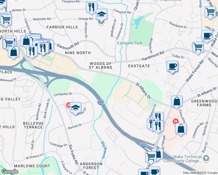 map of restaurants, bars, coffee shops, grocery stores, and more near 600 Saint Albans Drive in Raleigh