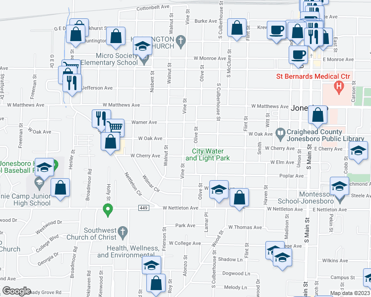 map of restaurants, bars, coffee shops, grocery stores, and more near 1000 Vine Street in Jonesboro