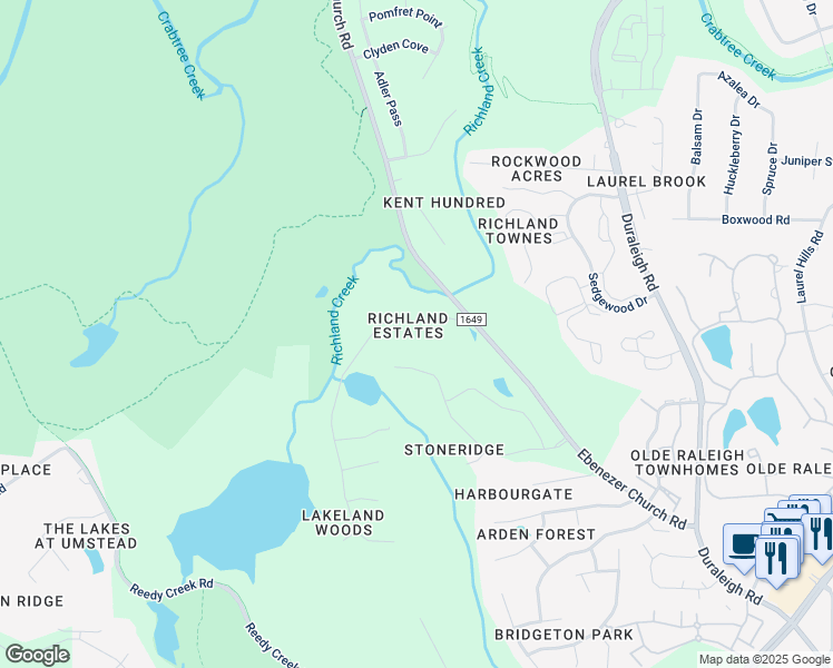 map of restaurants, bars, coffee shops, grocery stores, and more near 4909 Richland Drive in Raleigh
