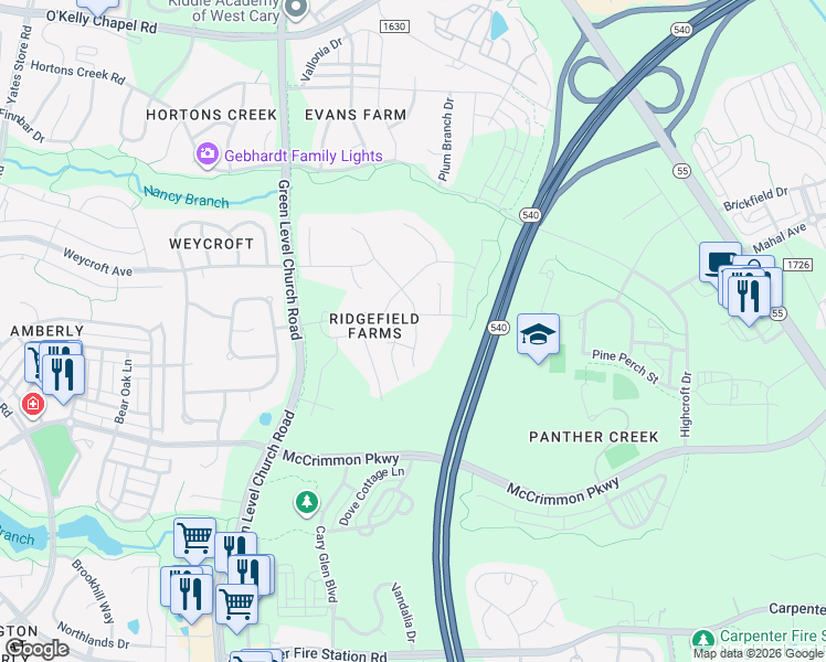 map of restaurants, bars, coffee shops, grocery stores, and more near 1404 Cavalcade Drive in Cary