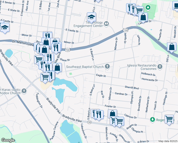 map of restaurants, bars, coffee shops, grocery stores, and more near 1418 Atlas Street in Murfreesboro