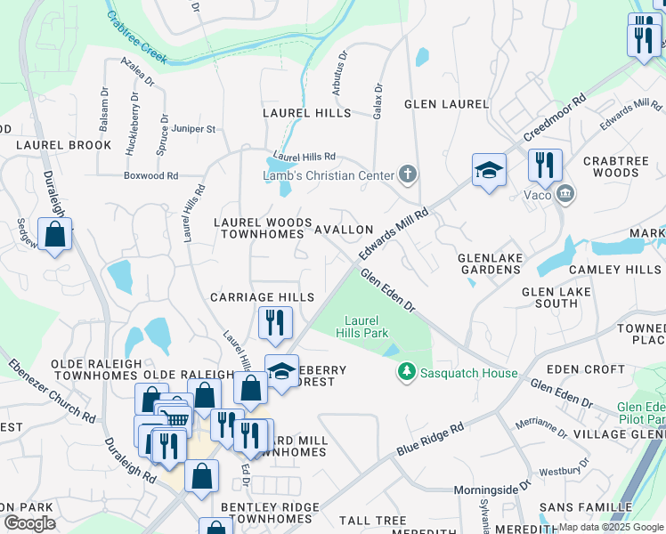 map of restaurants, bars, coffee shops, grocery stores, and more near 3920 Essex Garden Lane in Raleigh