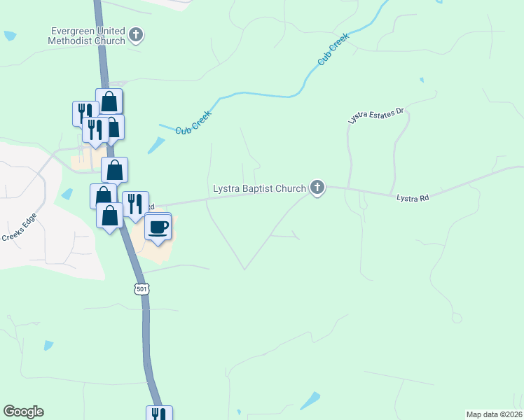 map of restaurants, bars, coffee shops, grocery stores, and more near 530 Lystra Road in Chapel Hill