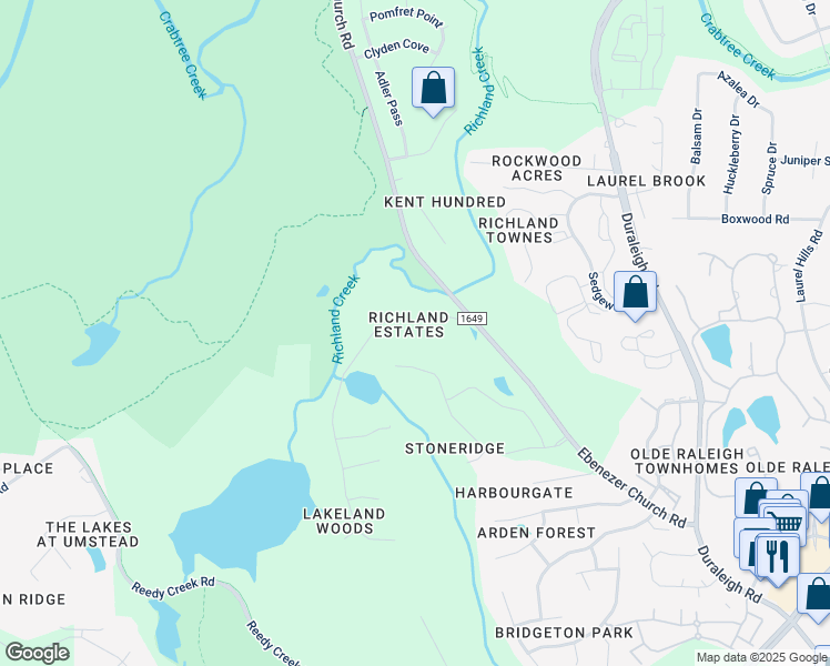 map of restaurants, bars, coffee shops, grocery stores, and more near 4909 Richland Drive in Raleigh